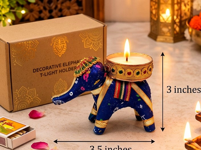 Main product photo of a colourful traditional Rajasthani-style elephant tea-light holder, with approximate dimensions shown