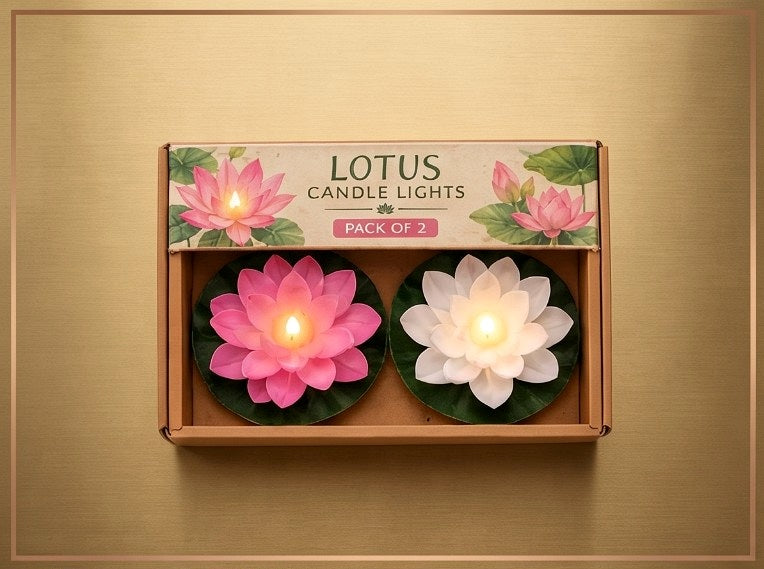 Main product image showing a set of two lotus-shaped LED lights, one pink and one white, in a gift box