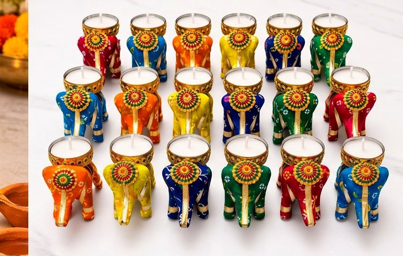 Display of colourful decorated elephant tea-light holders in multiple colours