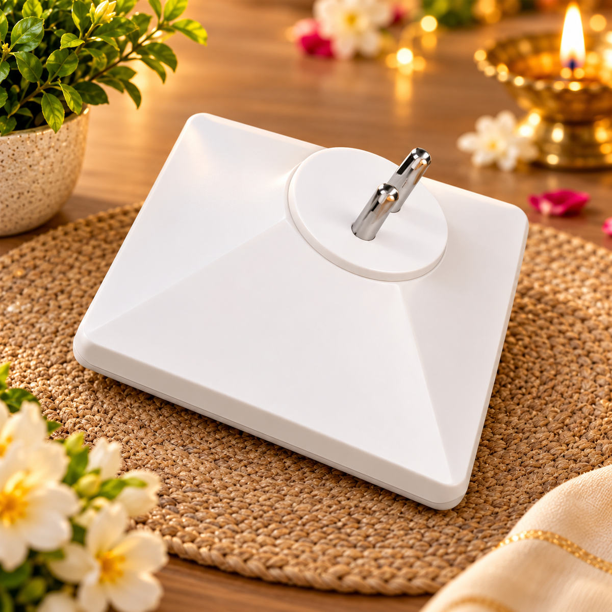 Back view of the white Shiva Parivar plug-in night lamp