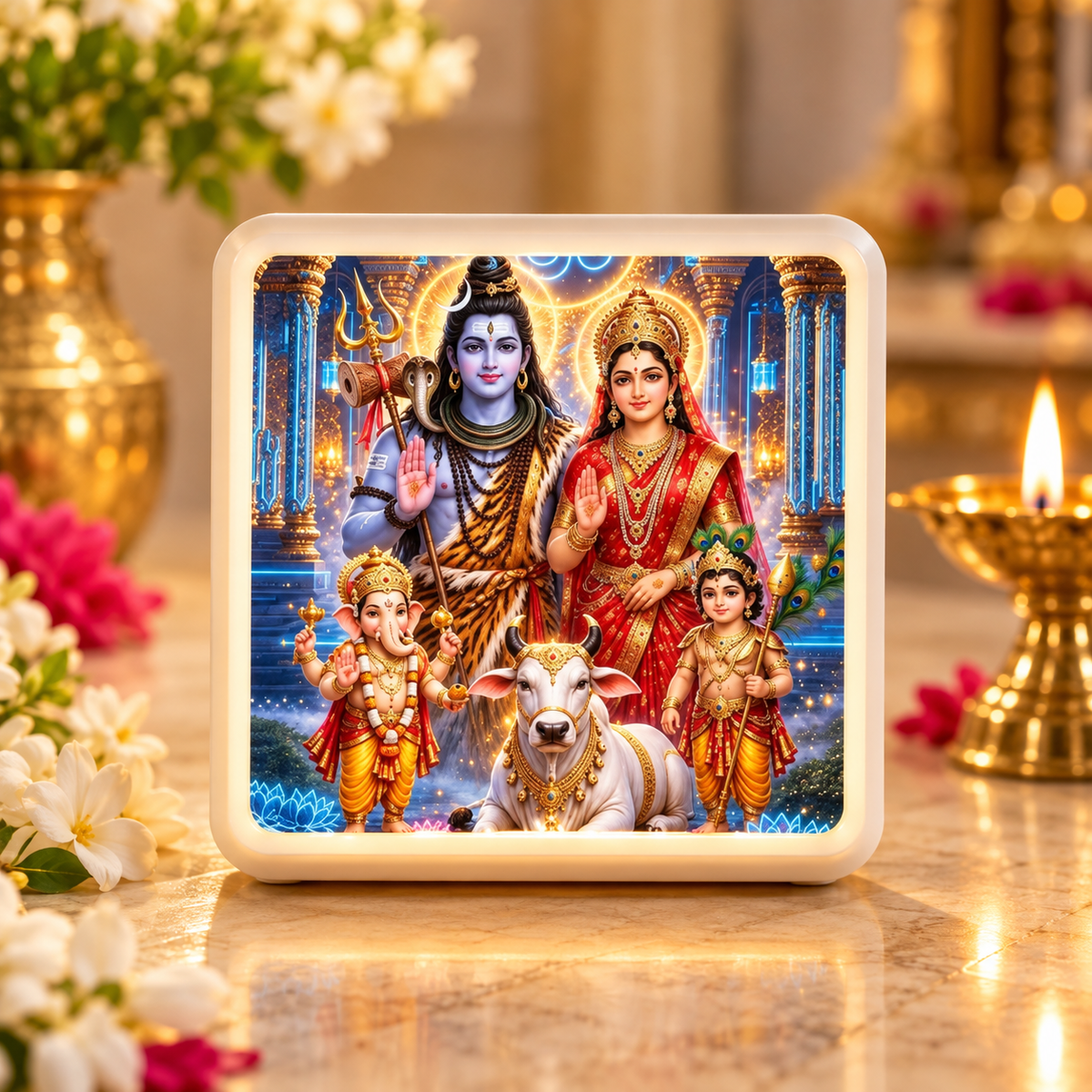 Shiva Parivar LED night lamp glowing in a devotional setting