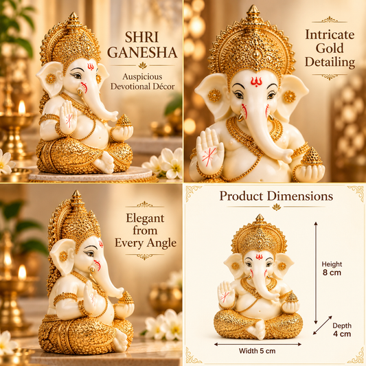 Four-panel advertisement showing Shri Ganesha ivory and gold decorative idol and product dimensions