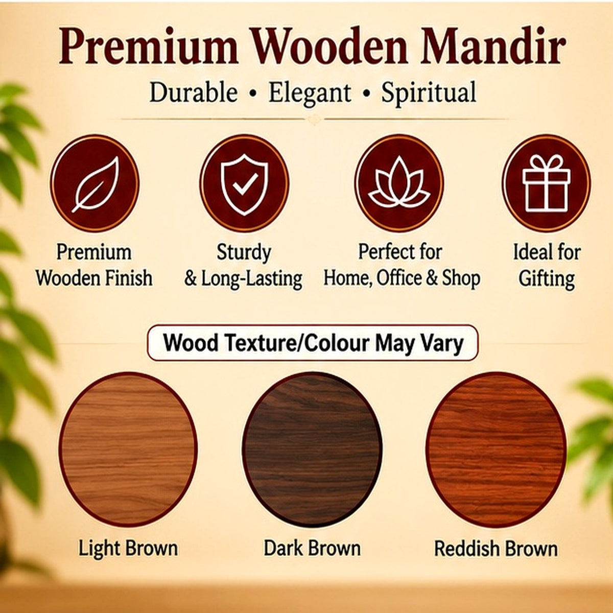 Cropped panel 3 from the prepared four-panel Shubh Labh mandir advertisement, showing features and wood finish options