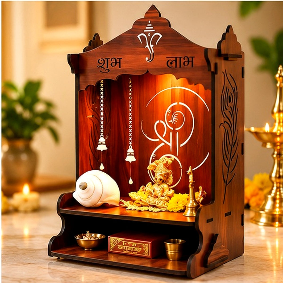 Cropped panel 4 from the prepared four-panel Shubh Labh mandir advertisement, showing the mandir styled in a devotional setting