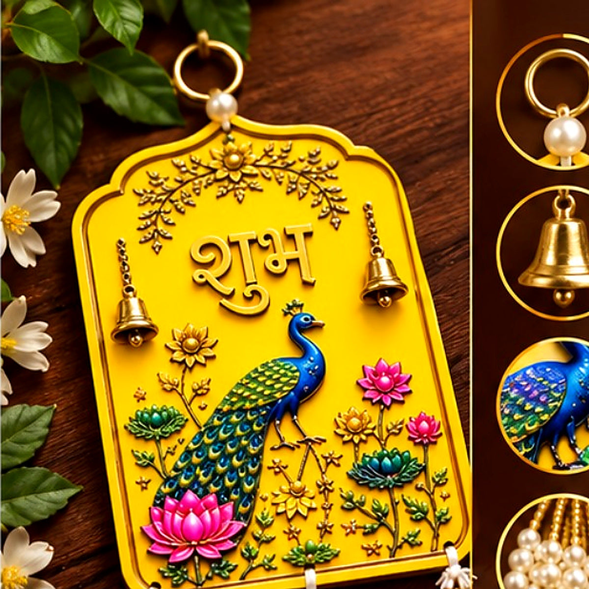 शुभ लाभ वॉल हैंगिंग — सजावट और मोर की बारीक कारीगरी
