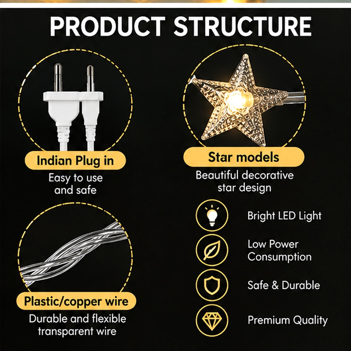 Star LED fairy lights with Indian plug and flexible wire feature view