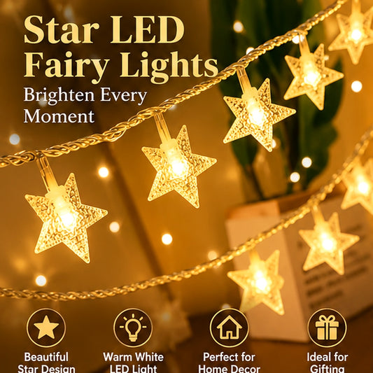 Warm white 4 metre string of 14 decorative star LED fairy lights - main product image