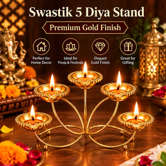 Swastik five diya stand in festive pooja setting