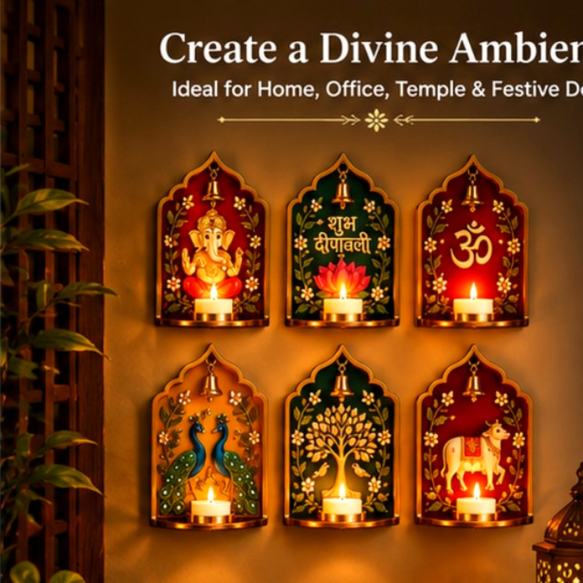 Six traditional candle holders displayed in festive home décor