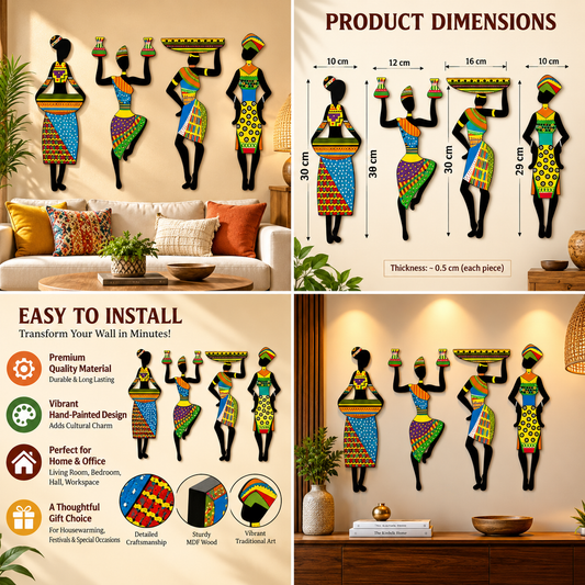 Four-piece tribal wall art promotional collage with interior styling, dimensions and installation guide