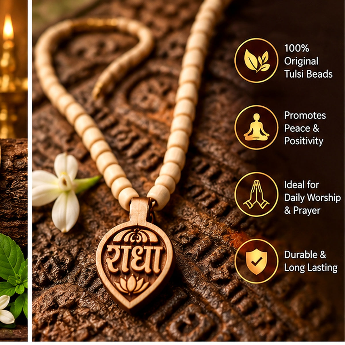 Tulsi Kanthi Mala – Radha pendant close-up