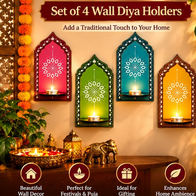 Set of four colourful decorative wall diya holders for festive home décor