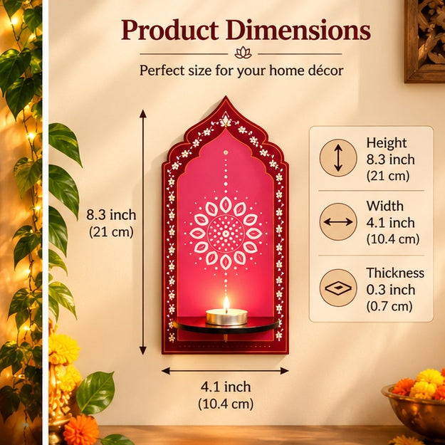 Wall diya holder dimensions: approximately 8.3 inches high and 4.1 inches wide