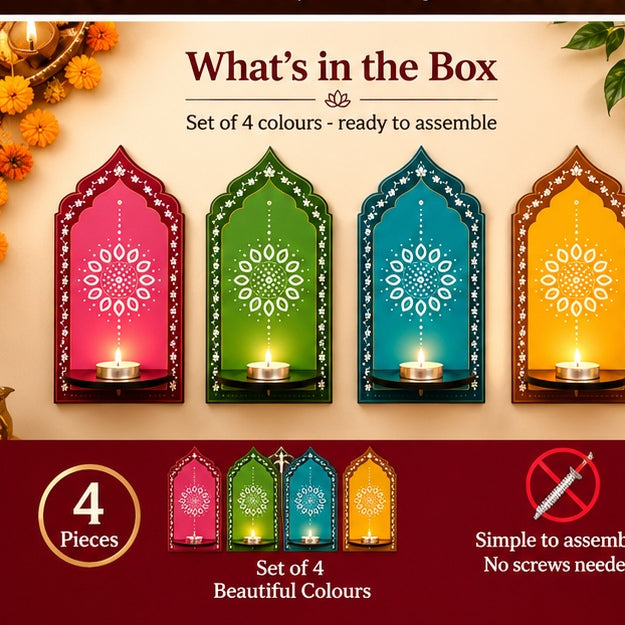 What is included: set of four multicolour wall diya holders