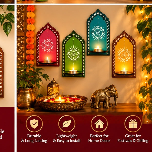Four decorative wall diya holders displayed in a festive home setting