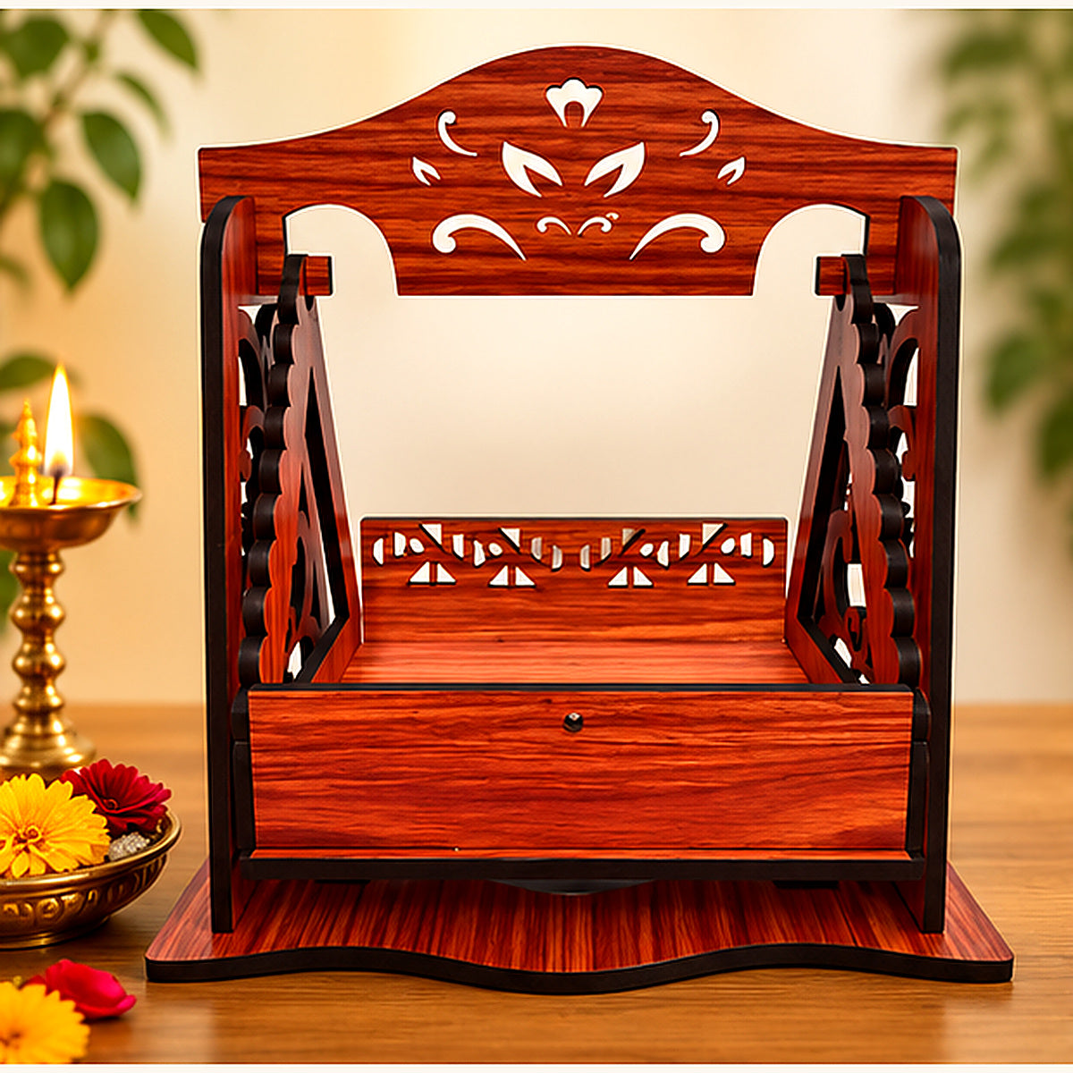 Main product image of a carved wooden-finish deity jhula for Laddu Gopal or a small deity idol