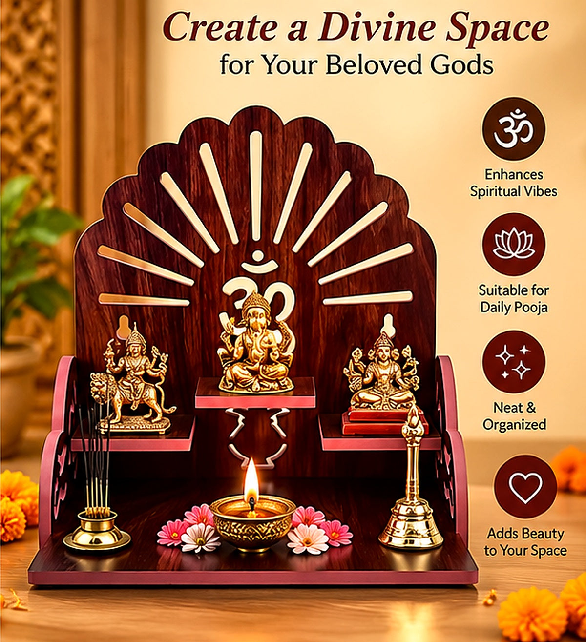 Wooden home temple styled with small deity idols, a diya and flowers