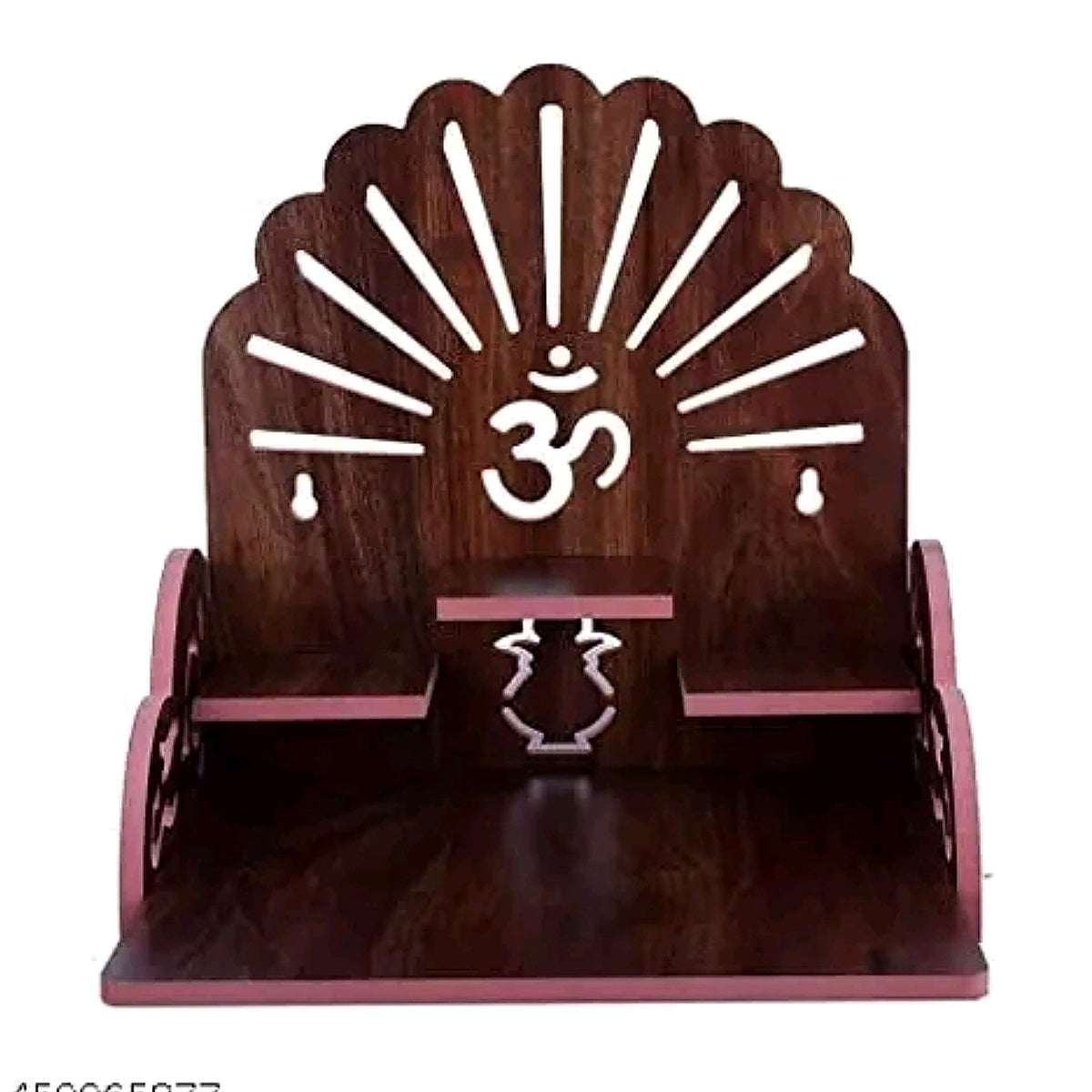Main product photo of wooden home pooja mandir with Om symbol and tiered shelves