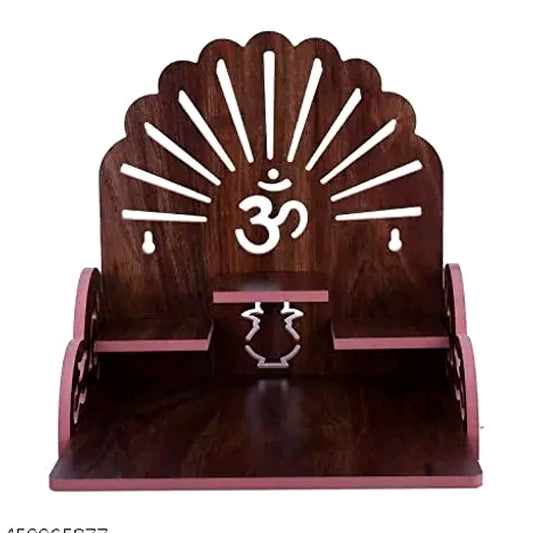Main product photo of wooden home pooja mandir with Om symbol and tiered shelves