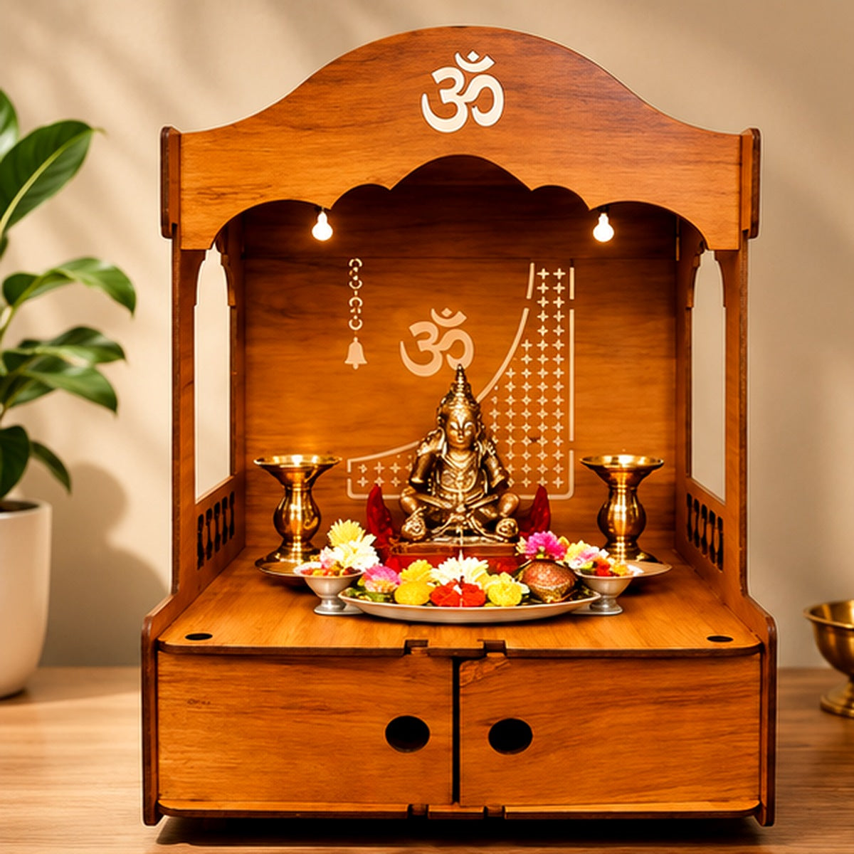 Front view of the wooden Hindu home mandir with Om detailing
