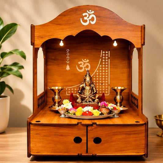 Front view of the wooden Hindu home mandir with Om detailing