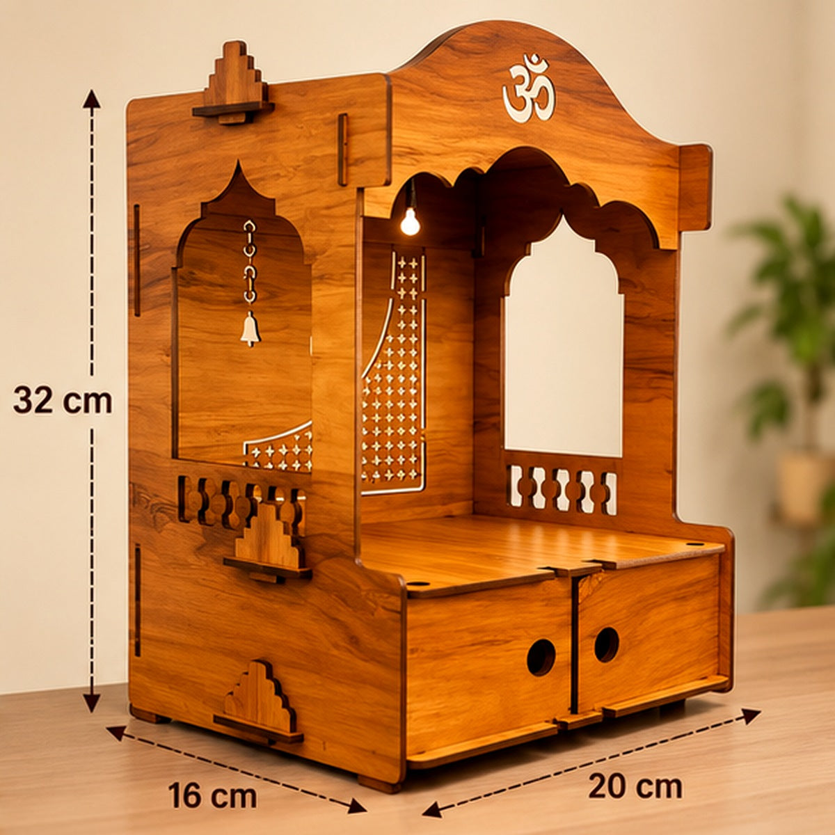 Angled view of the wooden mandir showing its compact dimensions